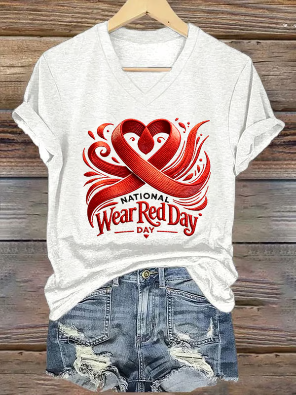Heart Disease Awareness National Wear Red Day V-neck Casual T-shirt