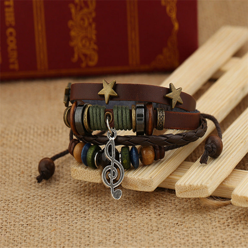 Beaded Alloy Notes Leather Vintage Cowhide Bracelet