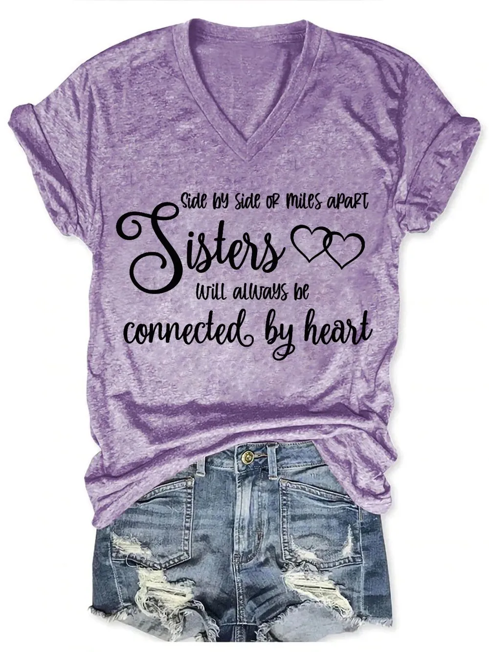 Side By Side Of Miles Apart Sisters Will Always Be Connected By Heart V-neck Casual T-shirt