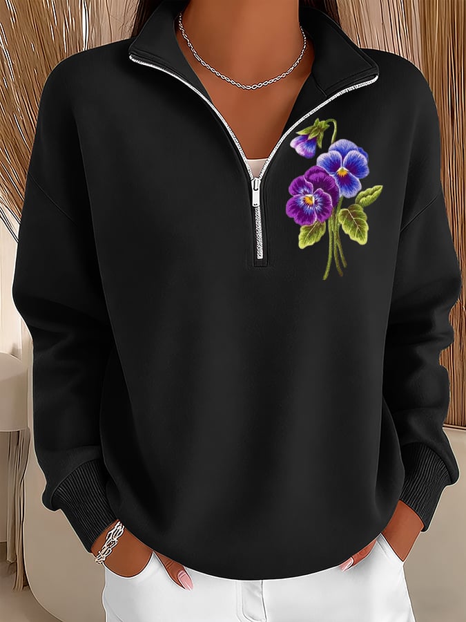 Women's Purple Art Design Printed Zipper Stand Collar Sweatshirt