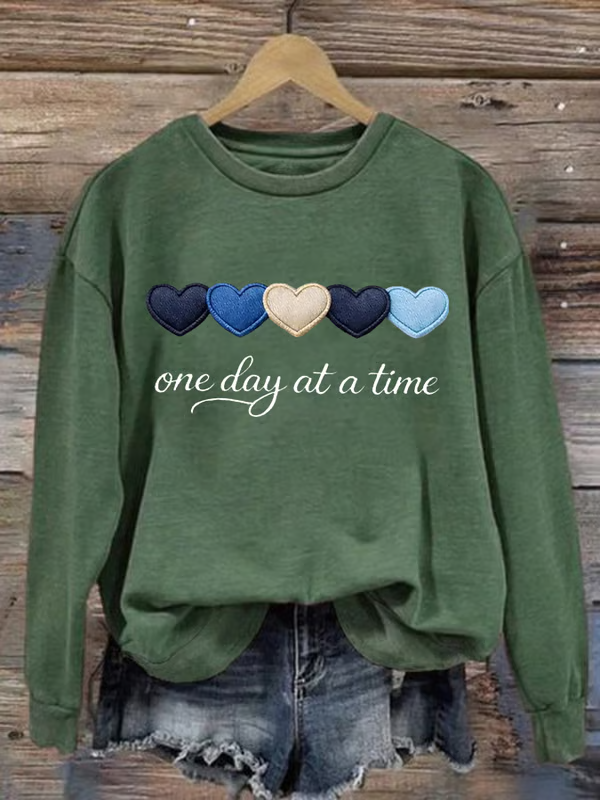 One Day At A Time Heart Print Casual Sweatshirt