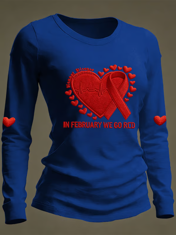 Women's In February We Go Red Heart Disease Awareness Casual Long-sleeved T-shirt