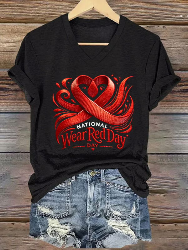 Heart Disease Awareness National Wear Red Day V-neck Casual T-shirt