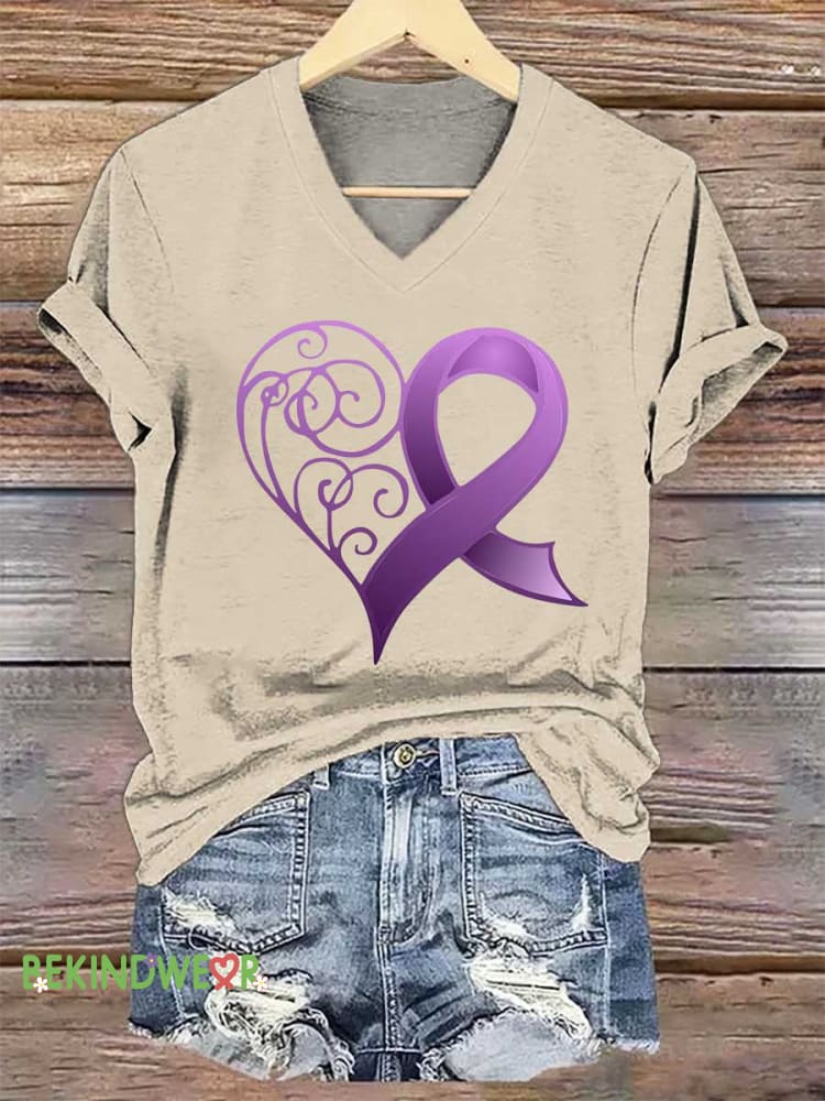 Women's Heart Purple Ribbon Alzheimer's Awareness V-neck Casual T-Shirt