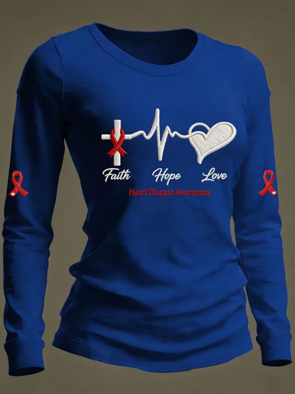 Women's Faith Hope Love Heart Disease Awareness Casual Long-sleeved T-shirt