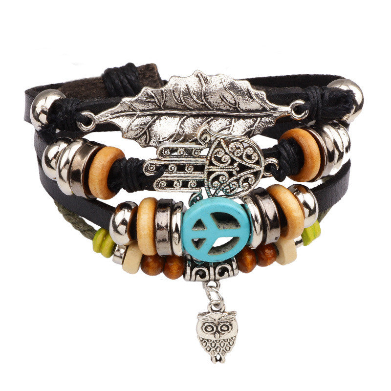 Casual Retro Multi-layer Leaf Peace Symbol Bracelet