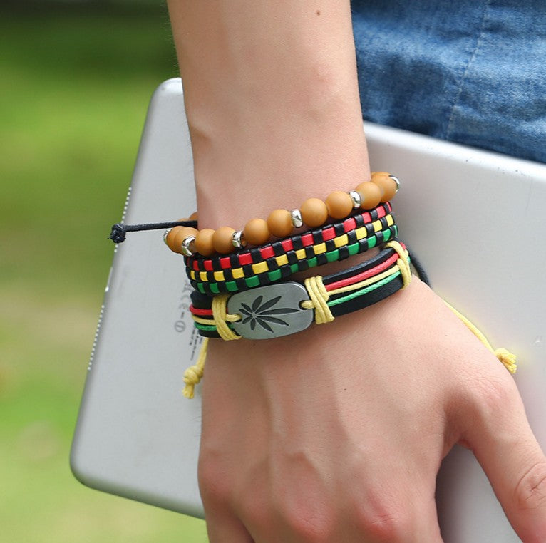Jamaican Hiphop Reggae Three-color Braided Leather Bracelet Jewelry