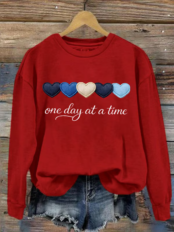 One Day At A Time Heart Print Casual Sweatshirt