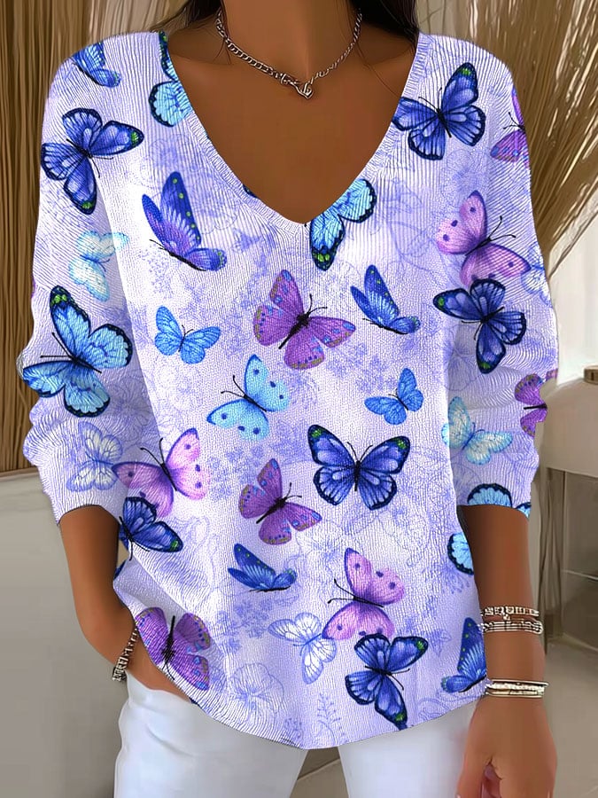Women's Alzheimer's Purple Butterfly Print Long Sleeve T-Shirt