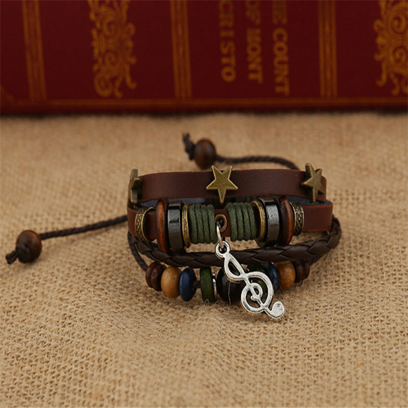 Beaded Alloy Notes Leather Vintage Cowhide Bracelet