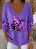 Women's Casual Alzheimer's Awareness Purple Hummingbird Print Long Sleeve T-Shirt