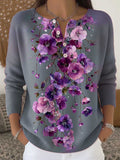 Purple Floral Print Buttoned Cardigan Sweater