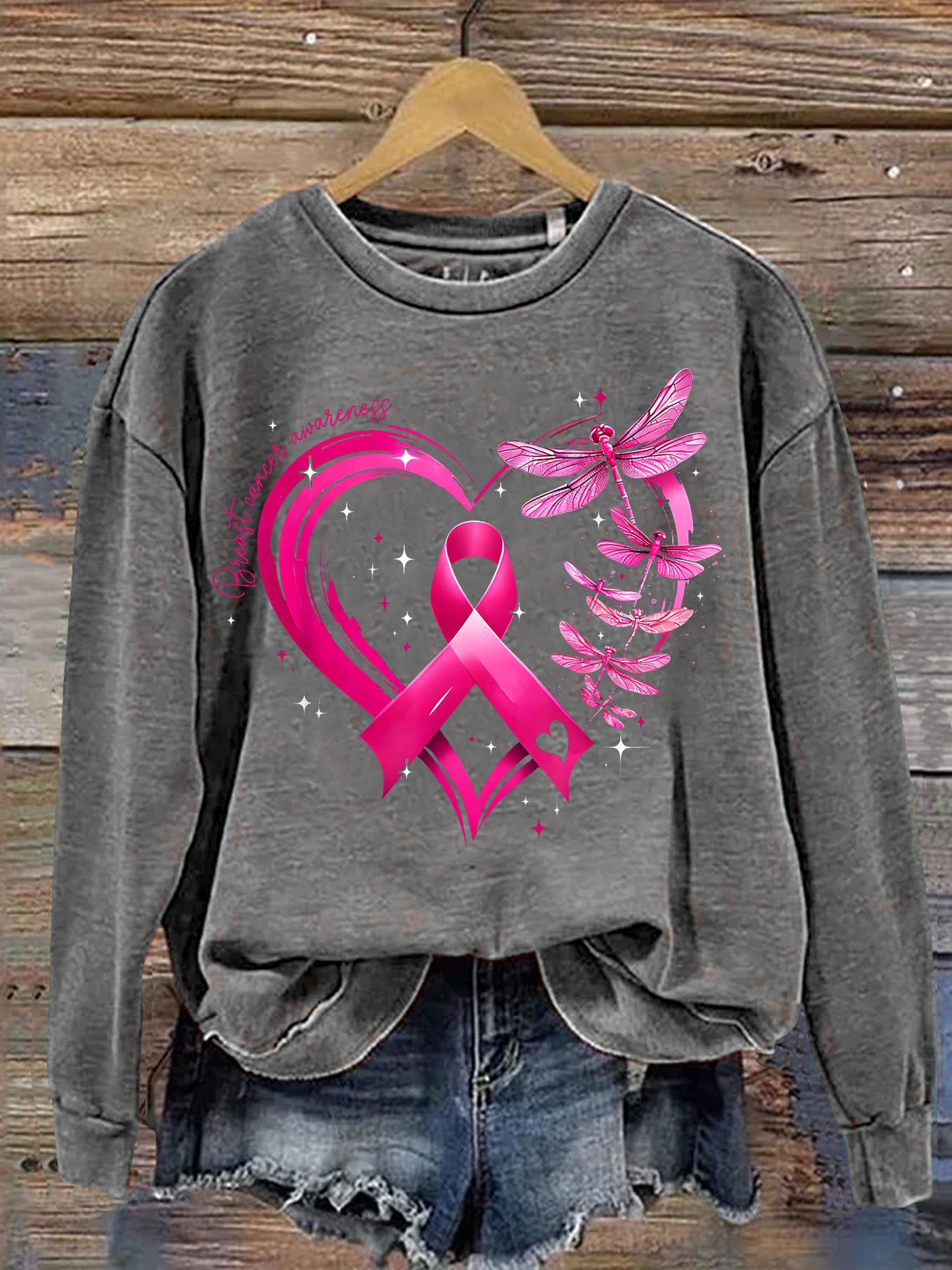 Breast Cancer Awareness Dragonfly Heart Print Casual Sweatshirt