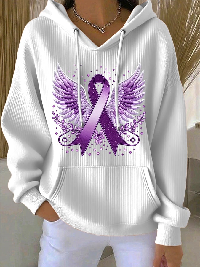 Women's Casual Purple Alzheimer's Ribbon Wings Textured Hoodie