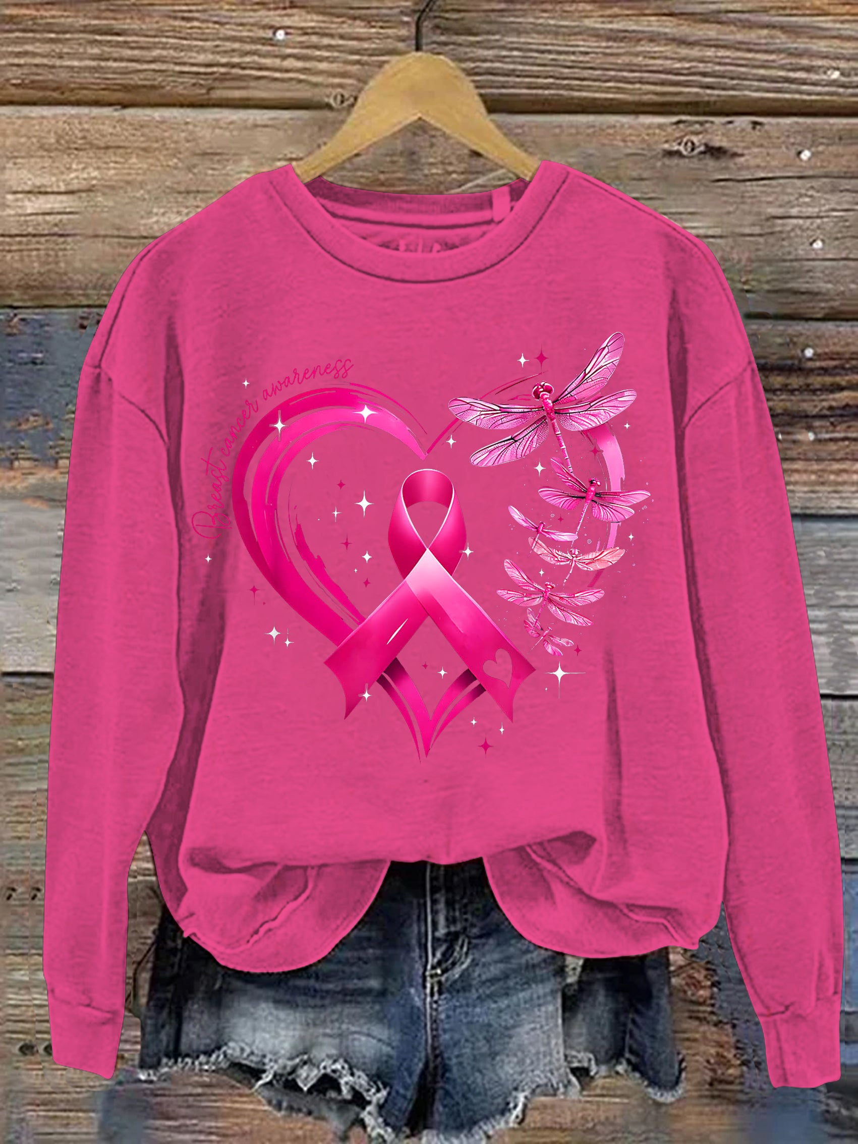 Breast Cancer Awareness Dragonfly Heart Print Casual Sweatshirt