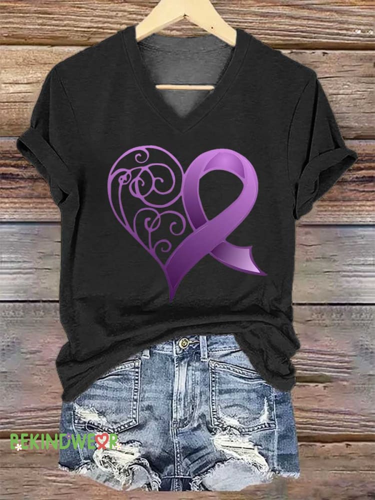 Women's Heart Purple Ribbon Alzheimer's Awareness V-neck Casual T-Shirt