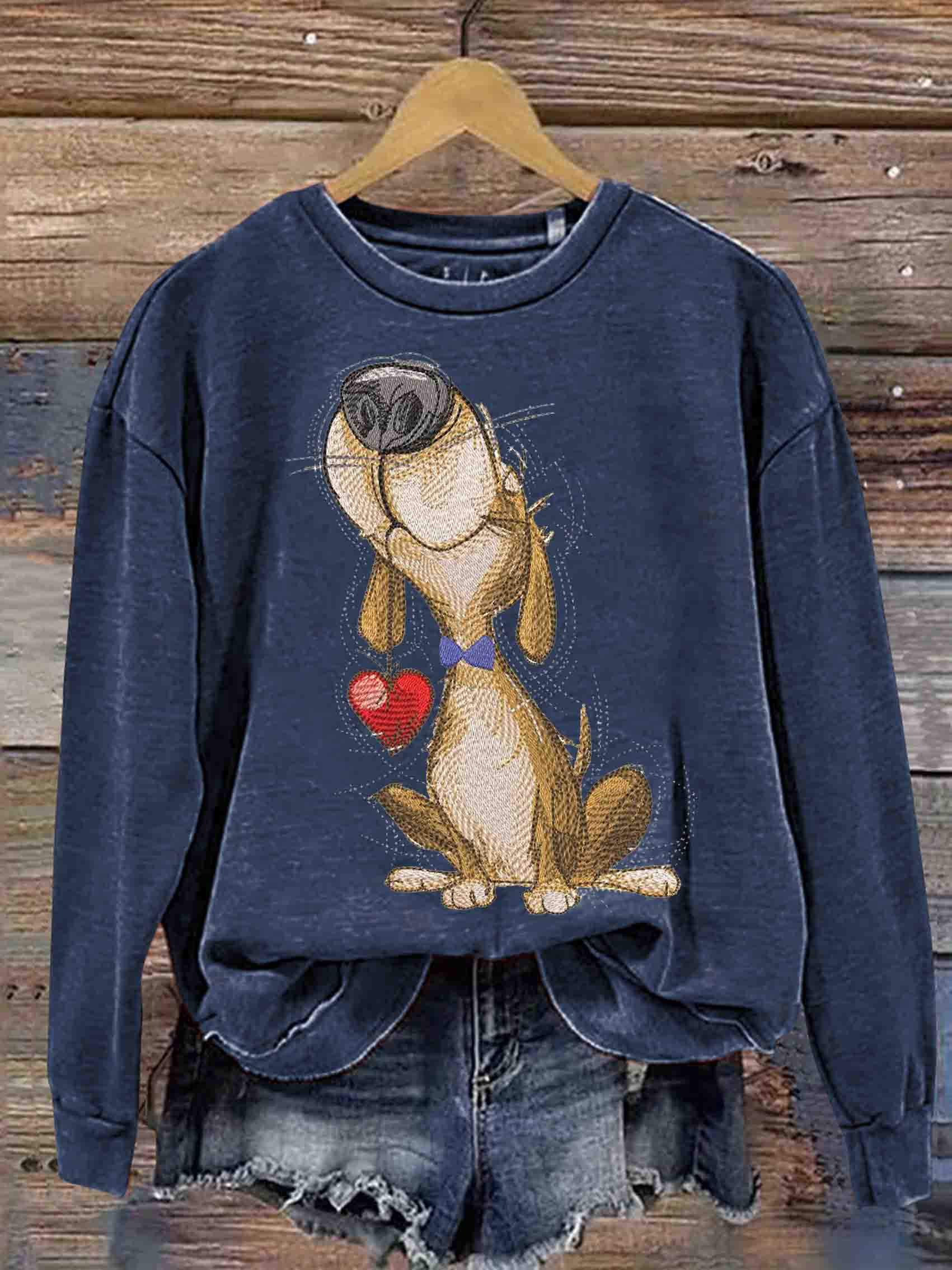 Funny Dog And Heart Art Vintage Print Casual Sweatshirt