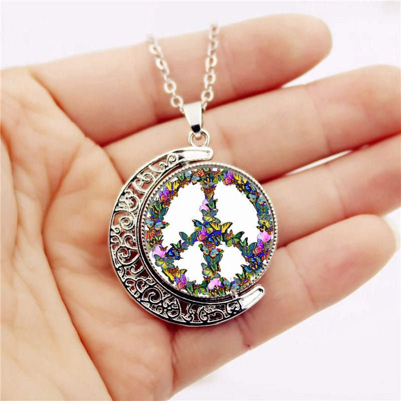 Peace Symbol Time Crystal Pendant Vintage Sweater Chain