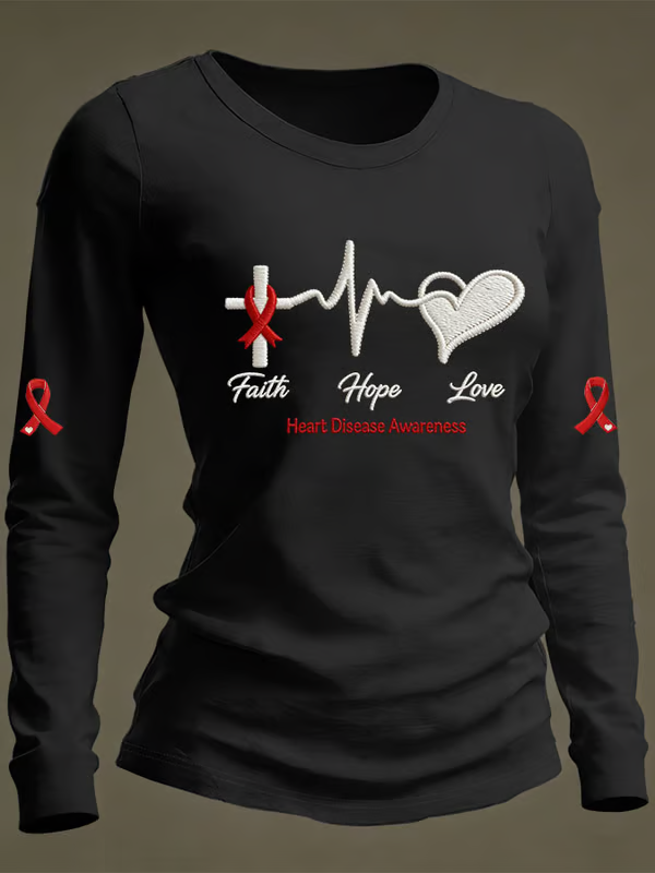 Women's Faith Hope Love Heart Disease Awareness Casual Long-sleeved T-shirt