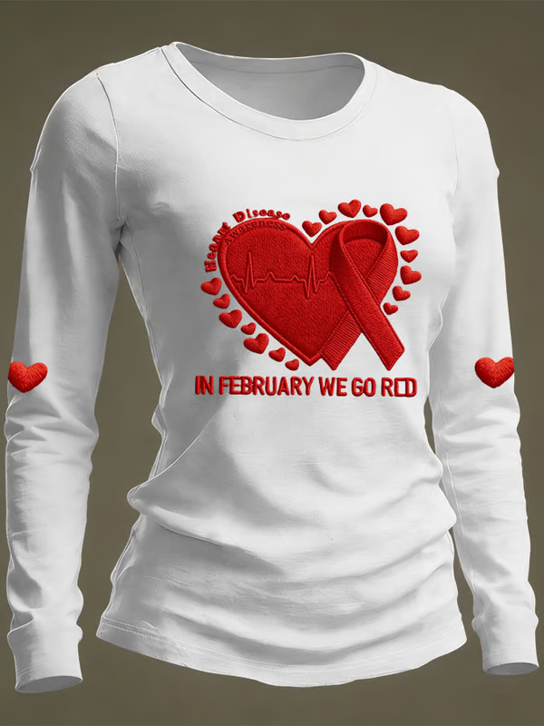 Women's In February We Go Red Heart Disease Awareness Casual Long-sleeved T-shirt