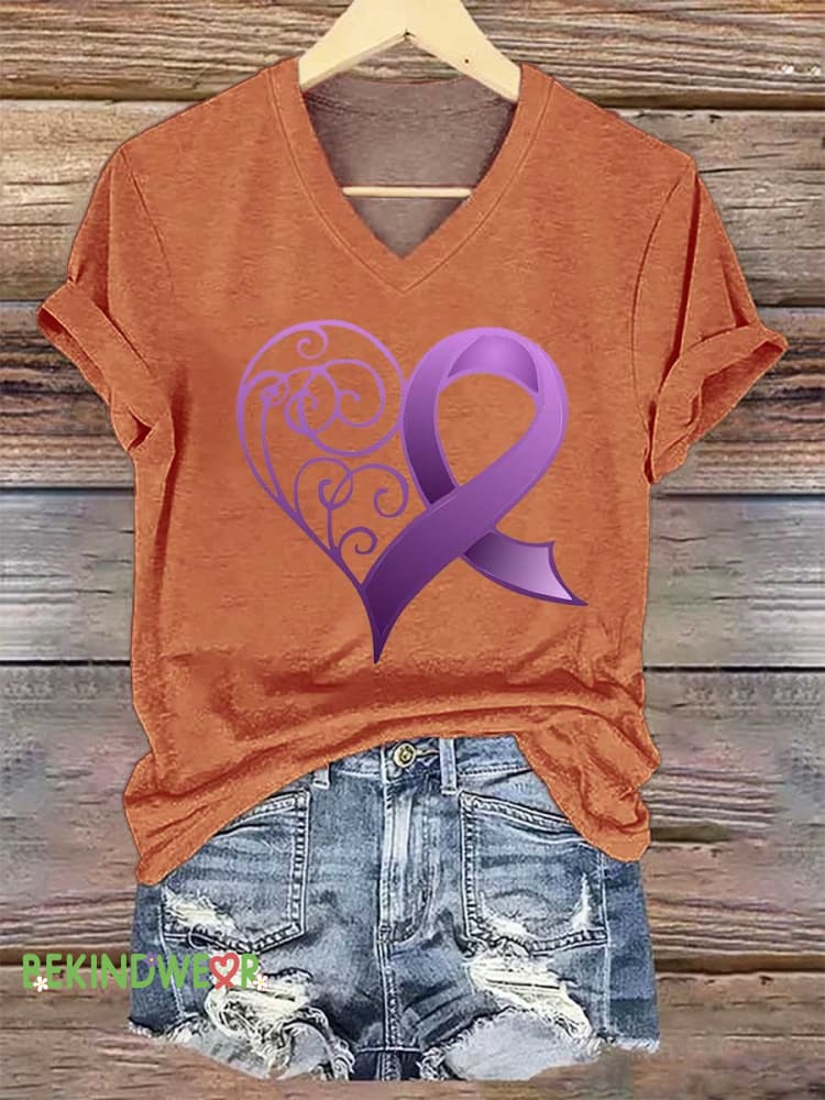 Women's Heart Purple Ribbon Alzheimer's Awareness V-neck Casual T-Shirt