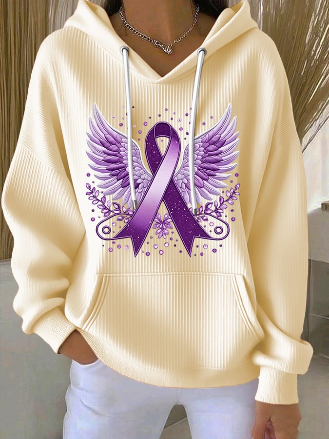 Women's Casual Purple Alzheimer's Ribbon Wings Textured Hoodie