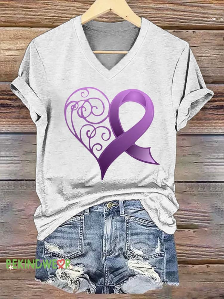 Women's Heart Purple Ribbon Alzheimer's Awareness V-neck Casual T-Shirt