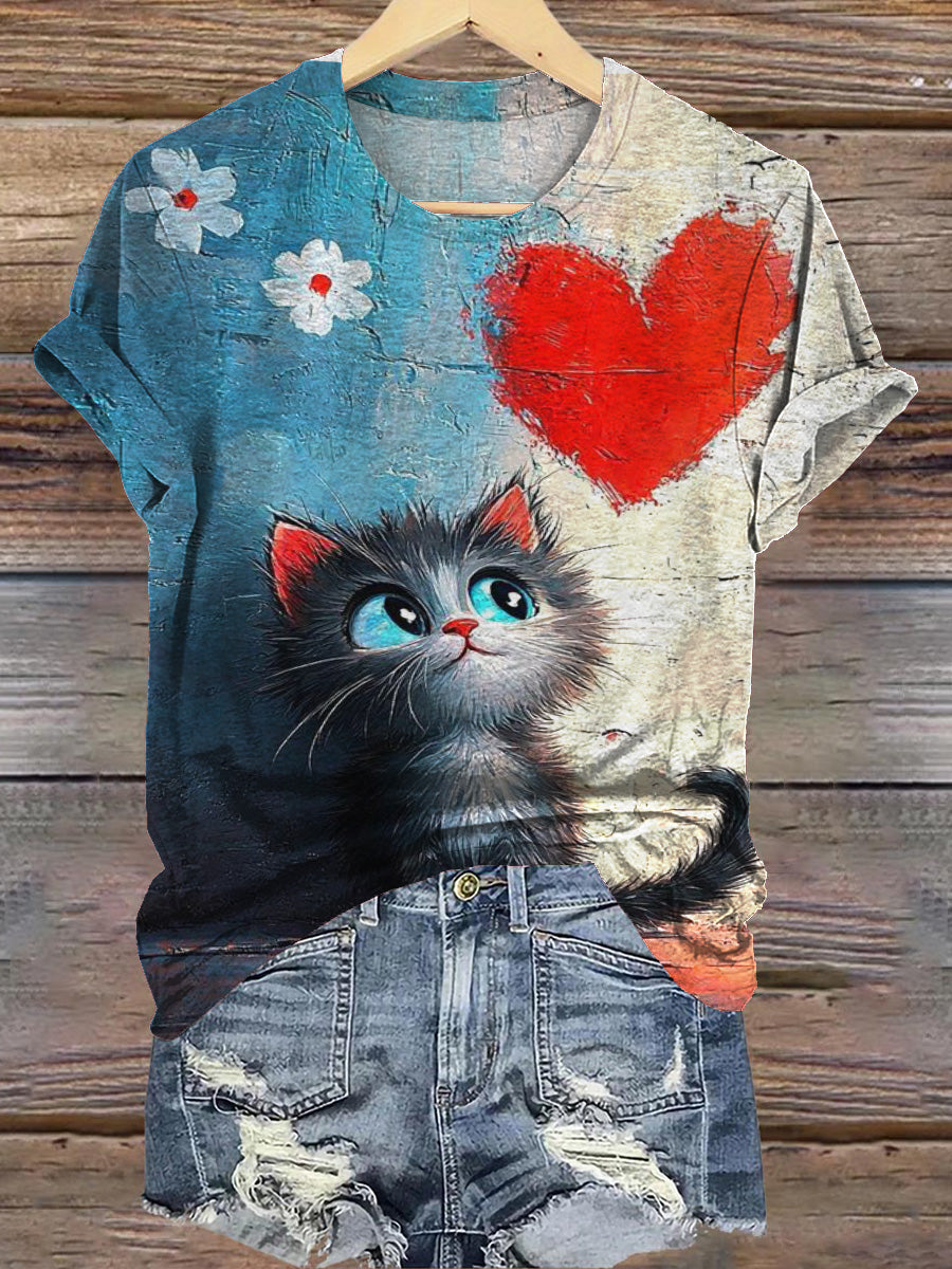 Retro Cute Cat Heart Gradient Print Casual Round Neck Short Sleeve T-Shirt