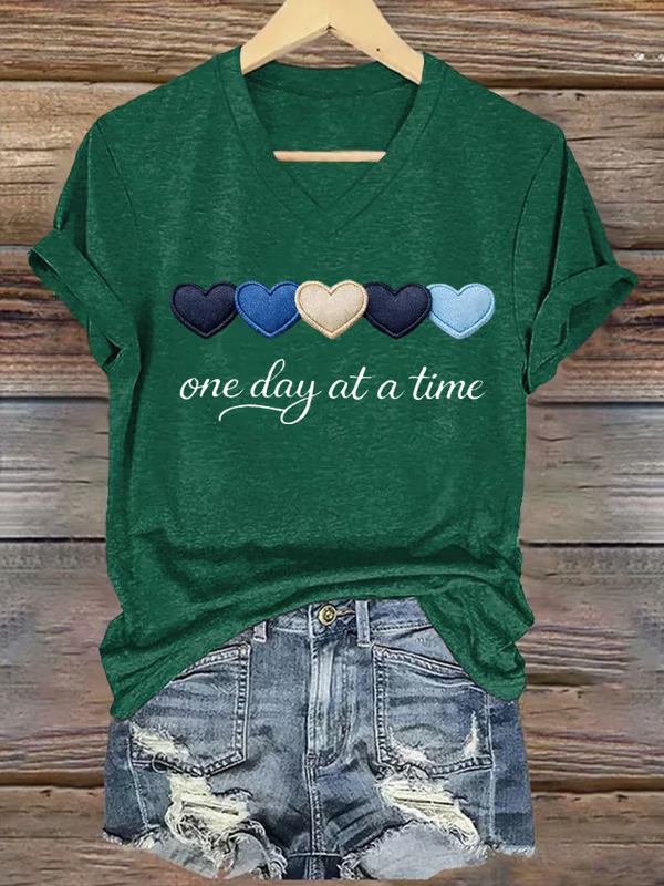 One Day At A Time Heart V-neck Casual T-shirt