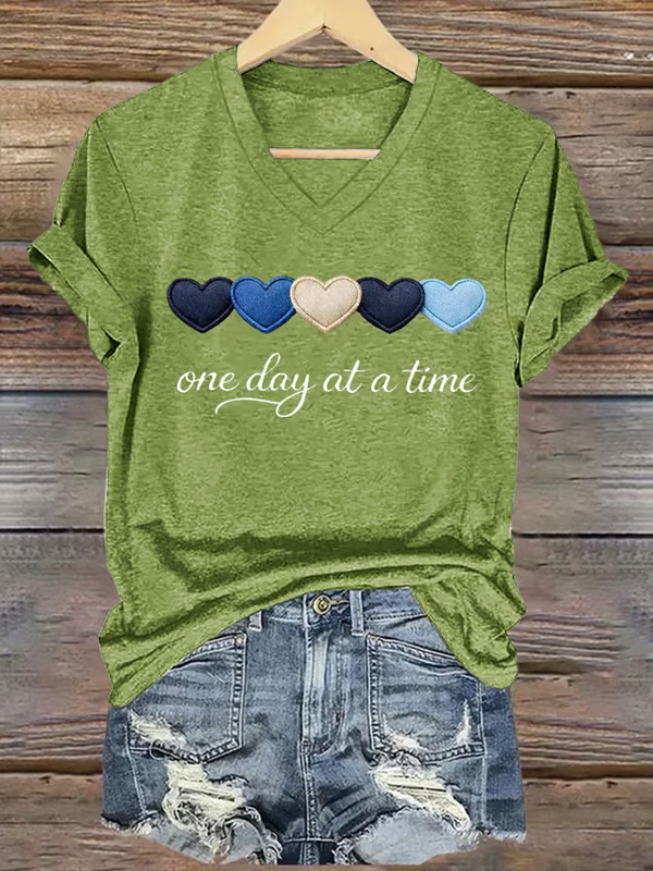 One Day At A Time Heart V-neck Casual T-shirt