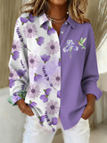 Women's Purple Hummingbird Floral Print Casual Cotton Shirt