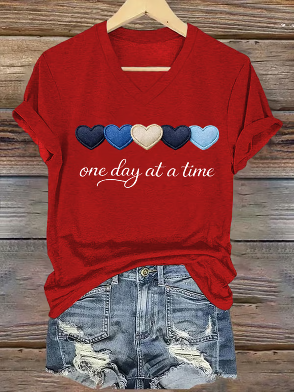 One Day At A Time Heart V-neck Casual T-shirt