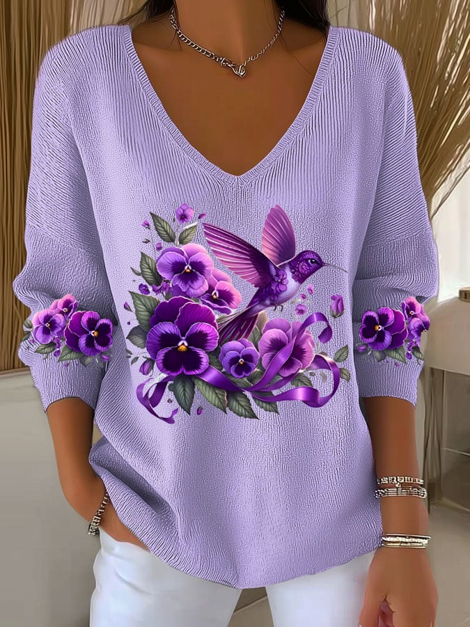 Women's Casual Alzheimer's Awareness Purple Hummingbird Print Long Sleeve T-Shirt