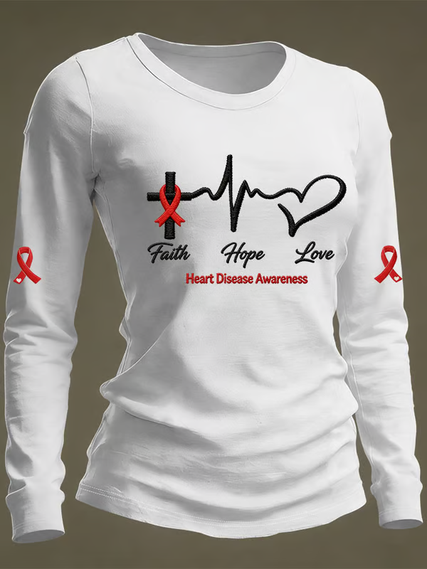 Women's Faith Hope Love Heart Disease Awareness Casual Long-sleeved T-shirt