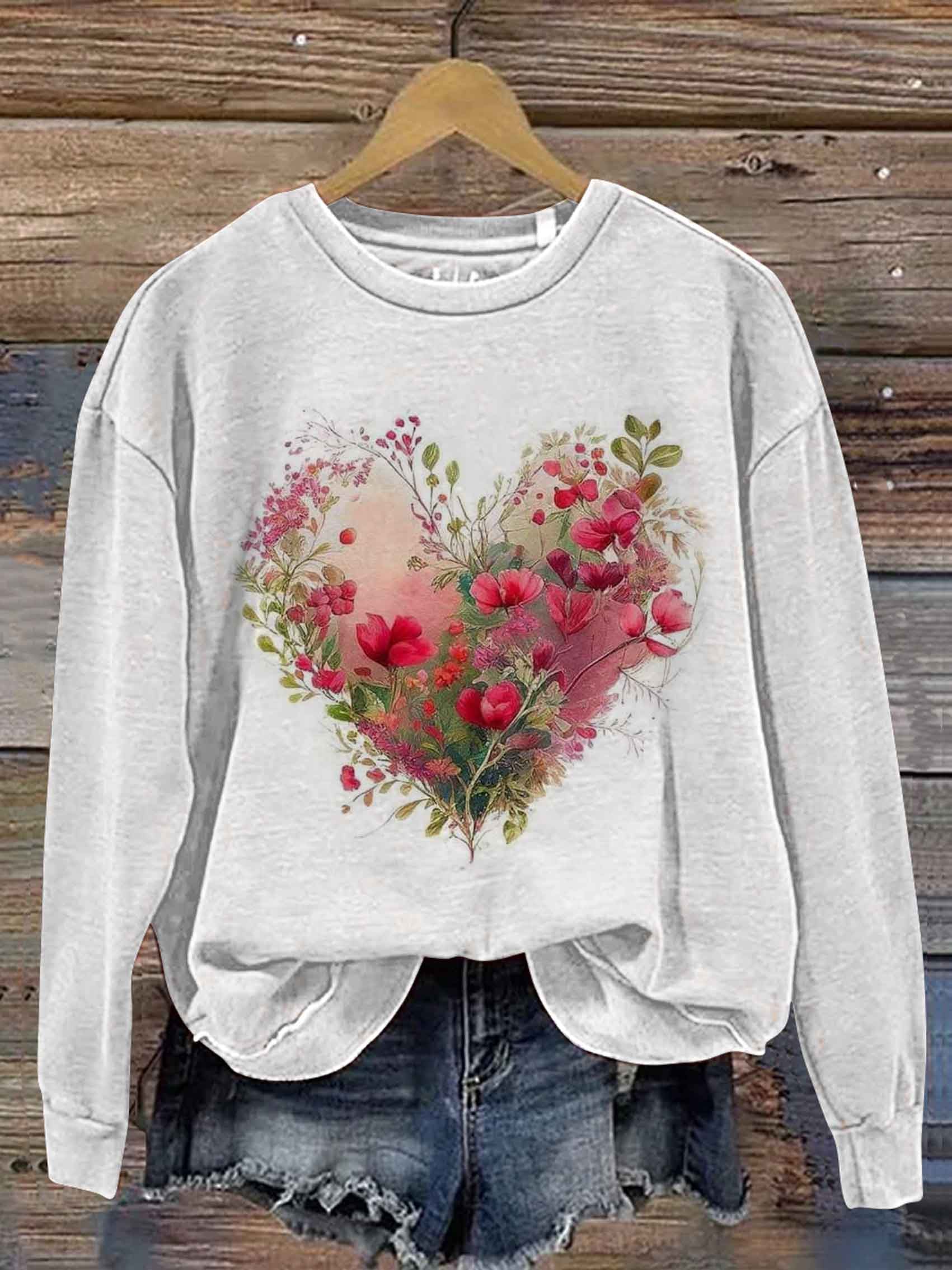 Flora Heart Vintage Art Print Casual Sweatshirt
