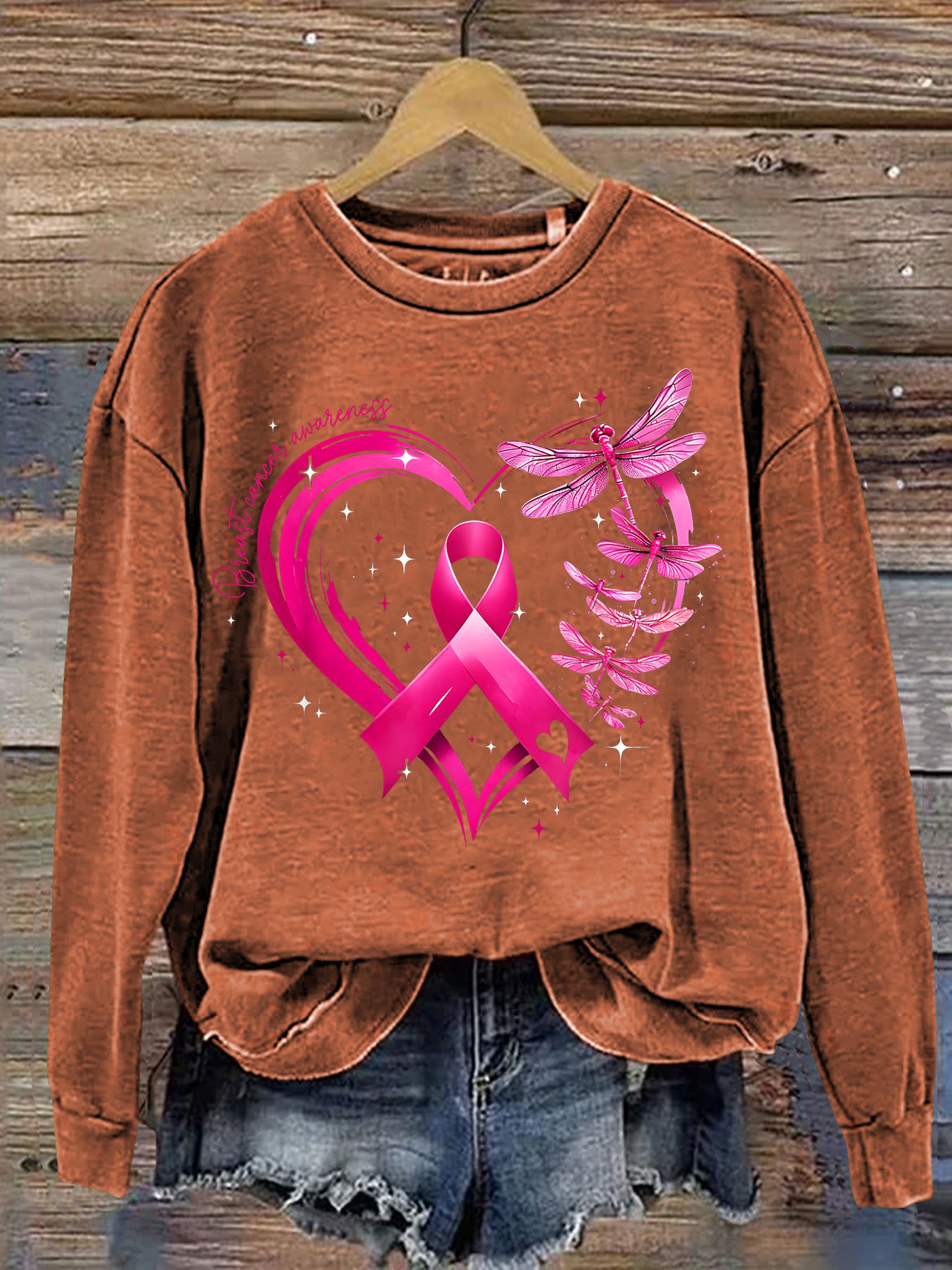 Breast Cancer Awareness Dragonfly Heart Print Casual Sweatshirt