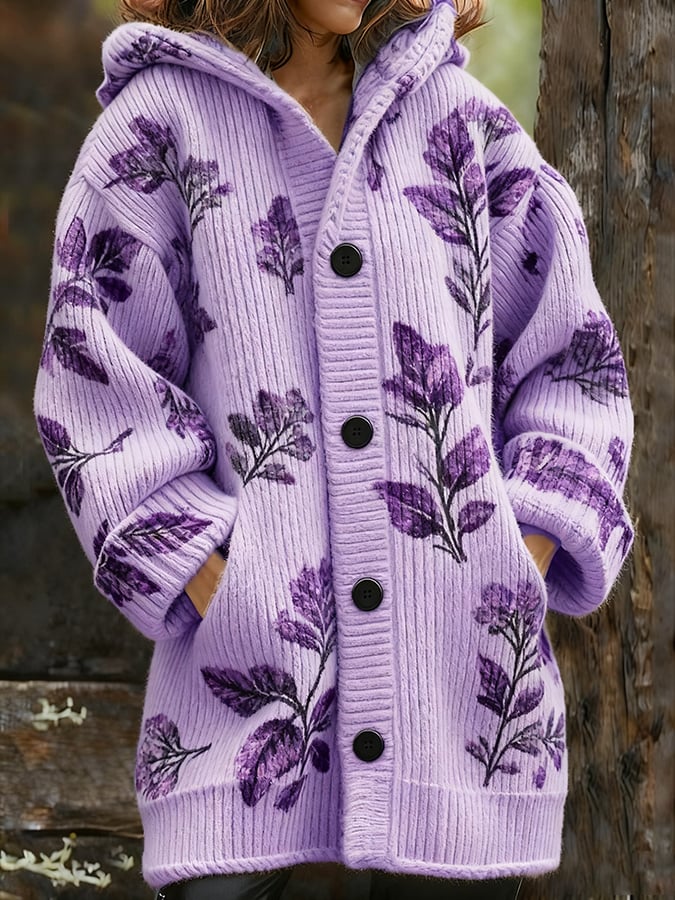 Women's Casual Purple Floral Thickened Cardigan