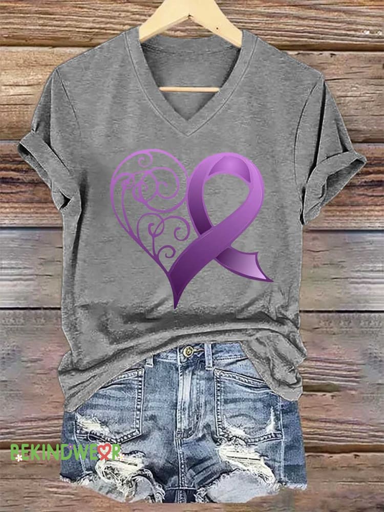 Women's Heart Purple Ribbon Alzheimer's Awareness V-neck Casual T-Shirt
