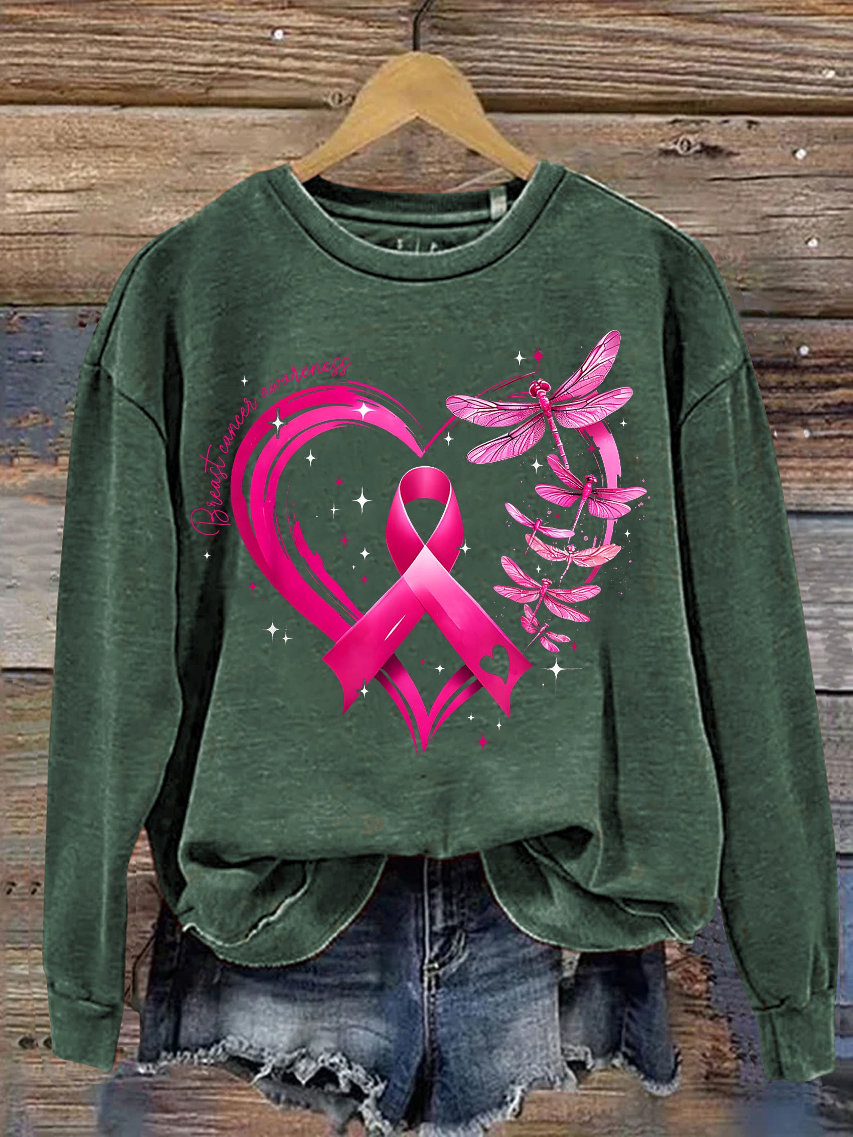 Breast Cancer Awareness Dragonfly Heart Print Casual Sweatshirt
