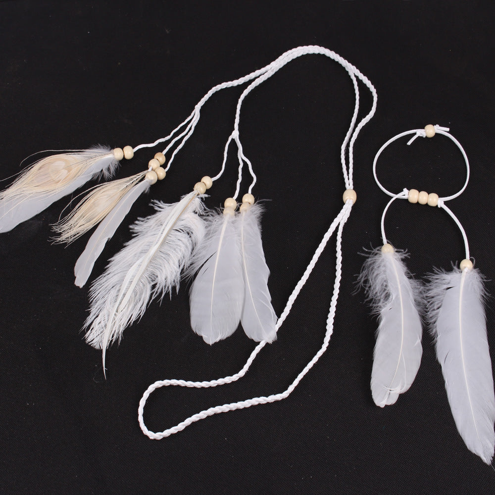 White Peacock Feather Holiday Bohemian Hair Band & Bracelet Set