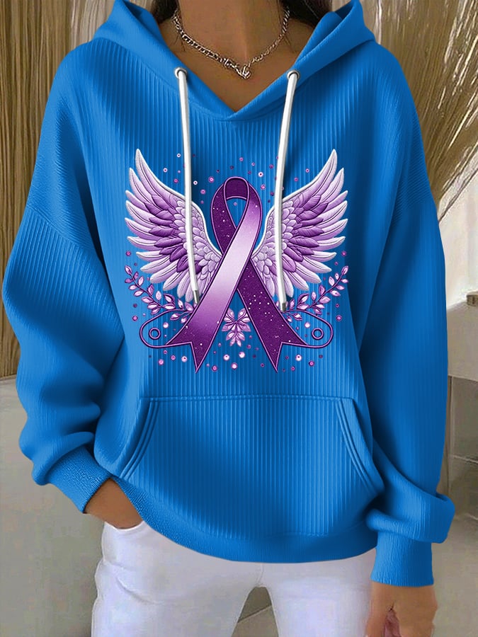 Women's Casual Purple Alzheimer's Ribbon Wings Textured Hoodie