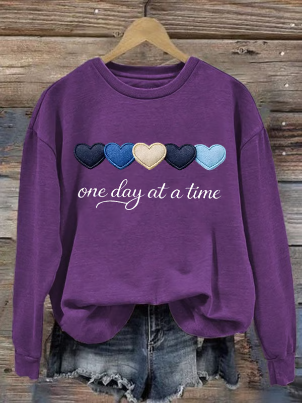 One Day At A Time Heart Print Casual Sweatshirt