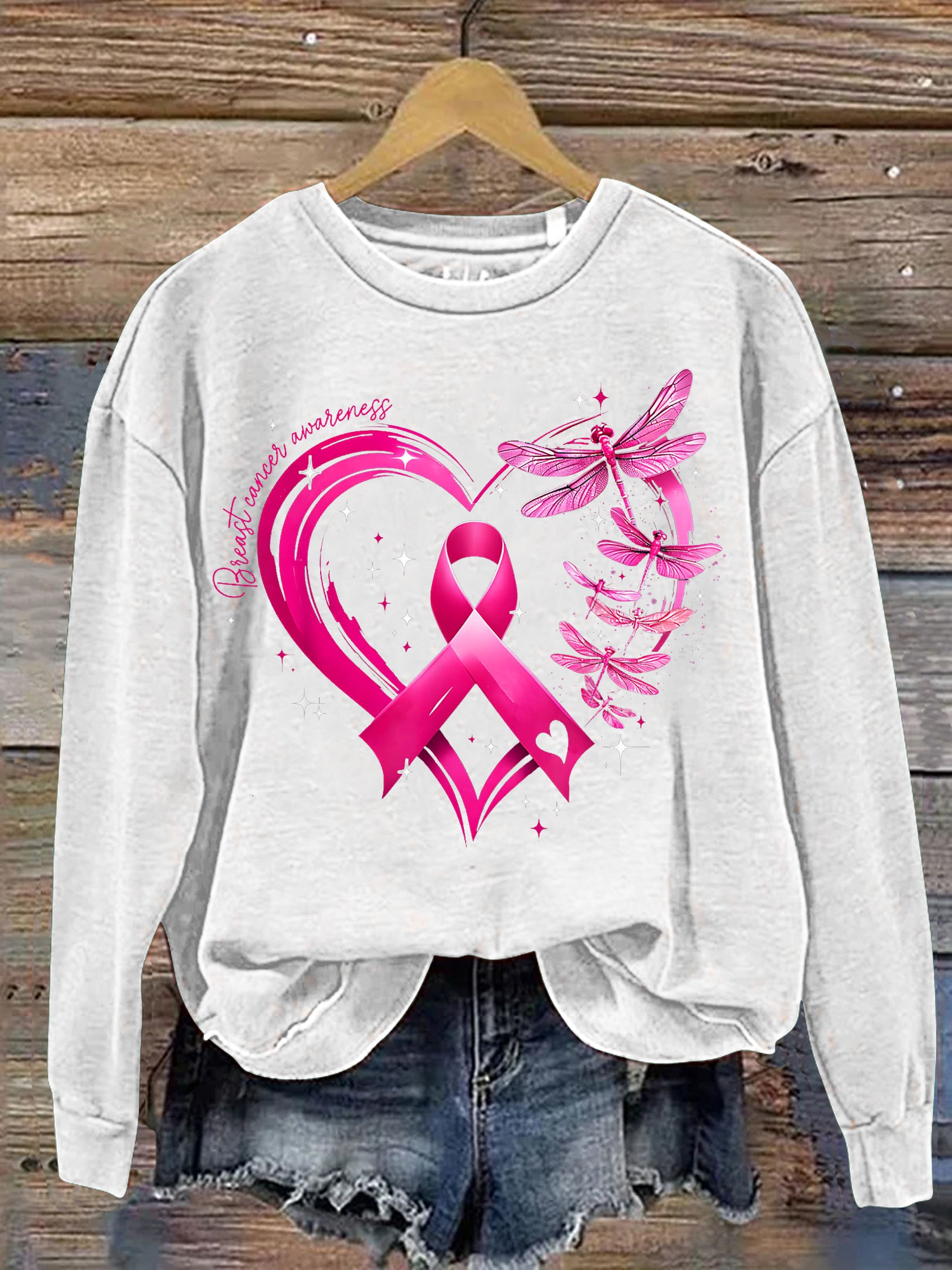Breast Cancer Awareness Dragonfly Heart Print Casual Sweatshirt