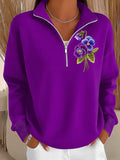 Women's Purple Art Design Printed Zipper Stand Collar Sweatshirt