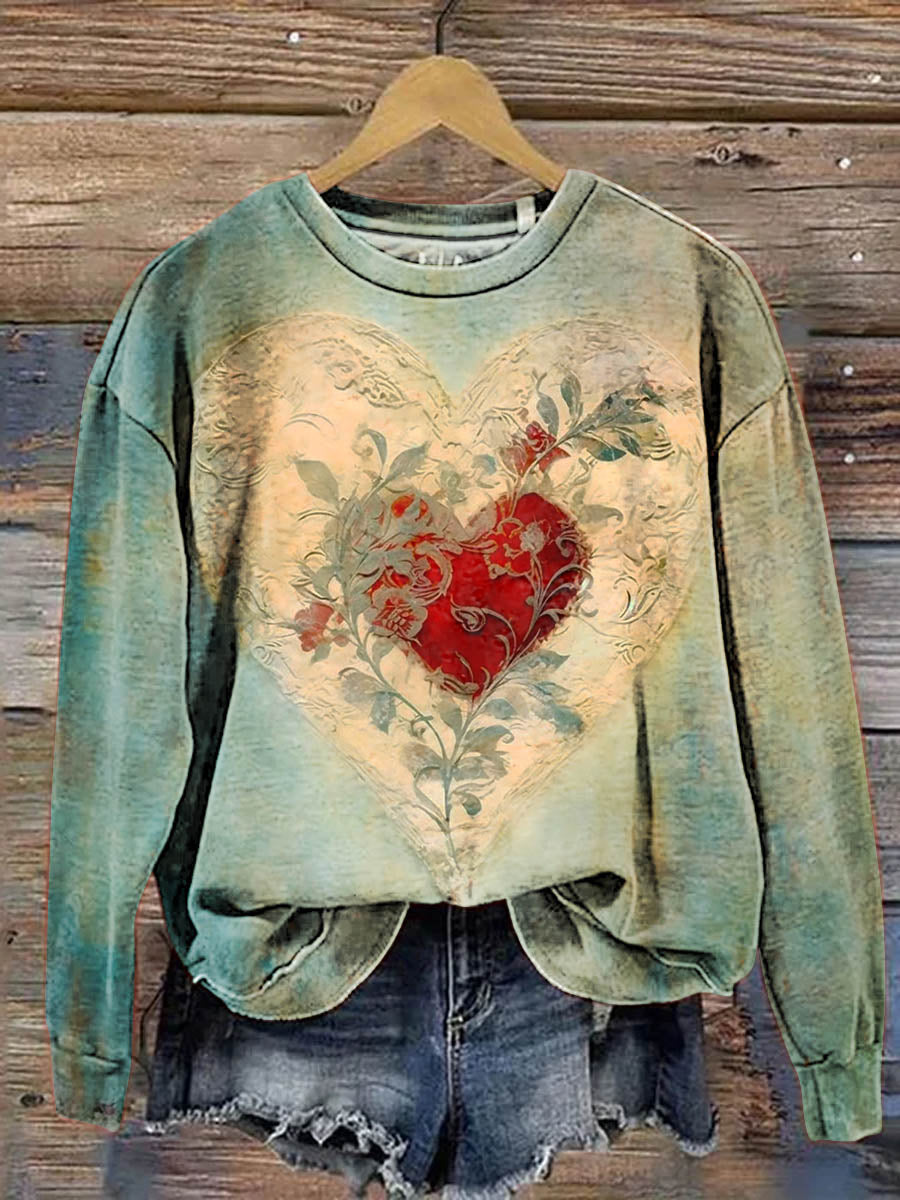 Vintage Lovely Heart Floral Art Print Casual Sweatshirt