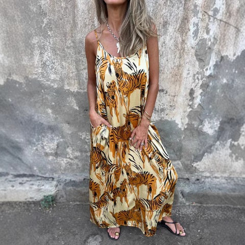 💙LAST DAY SALE 50% OFF💙Women's Printed Spaghetti Strap Backless Dress