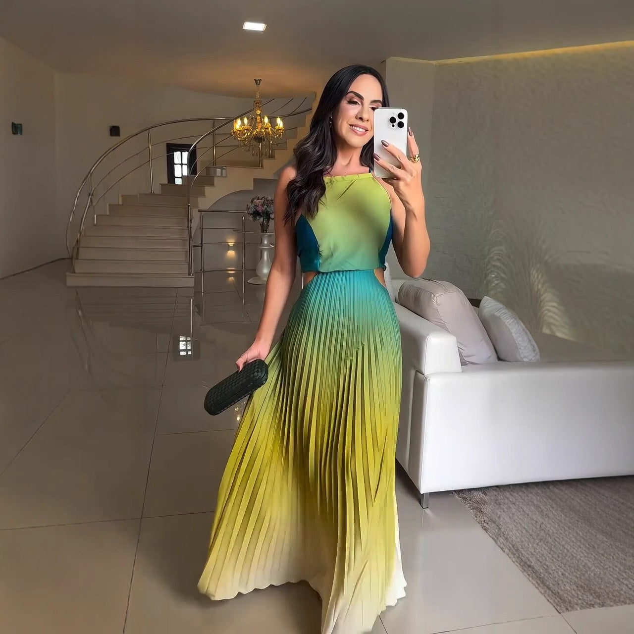 🌈Women's Halter Pleated Gradient Color Dress💞