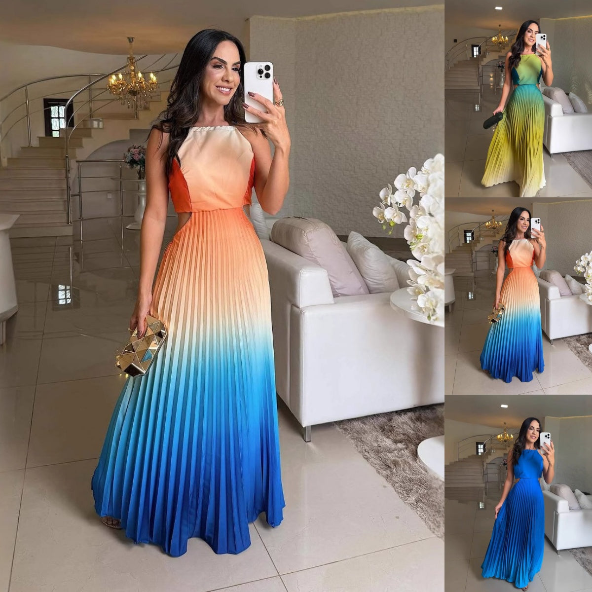 🌈Women's Halter Pleated Gradient Color Dress💞