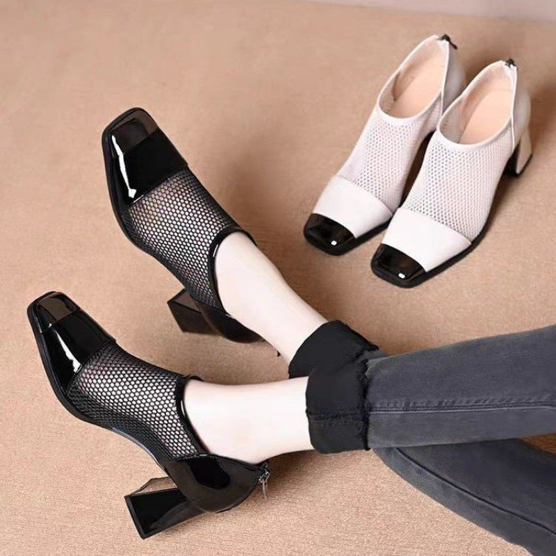 Women's Fashion Hundred Mesh Chunky Heel Square Toe Shoes