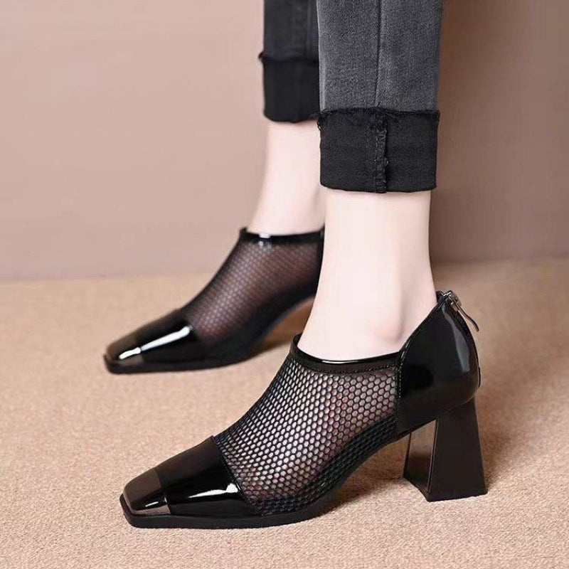 Women's Fashion Hundred Mesh Chunky Heel Square Toe Shoes